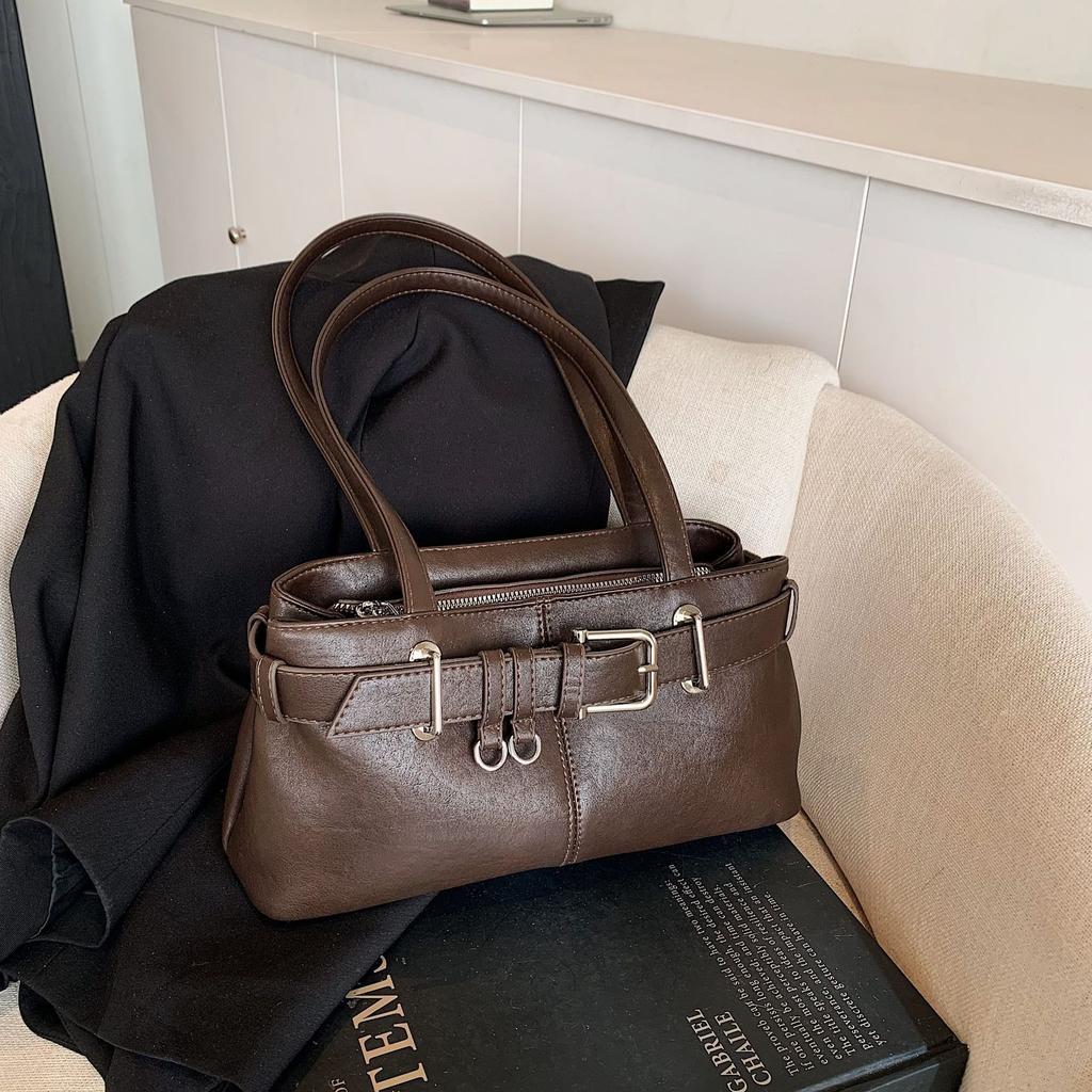 Vintage Textured Tote Bag Casual Versatile Belt Buckle Shoulder Bag Niche Design European and American Commuter Bag Cross-Border