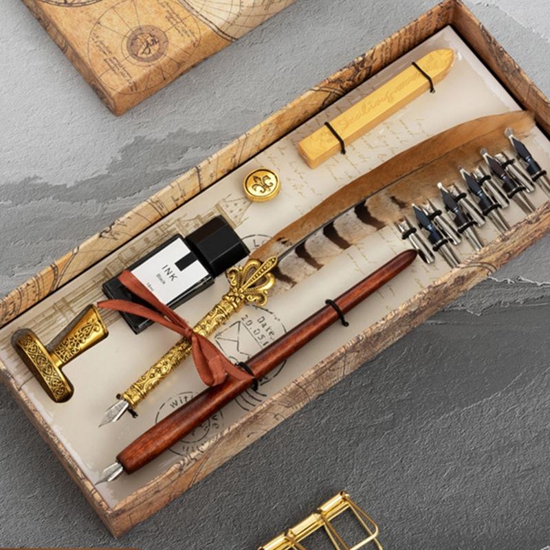 Exquisite Dip Pen Set Wax Stick Set Calligraphy Feather Pen Kit 10Pcs Replacement Nibs for Invitations Letters Writing
