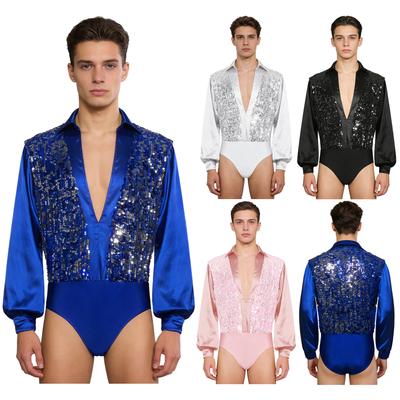 Heren Latin Ballet Dans Bodysuit Glanzend Pailletten Bodice V-hals Satijn Lange Mouwen Knoopjes in het Kruis Leotard