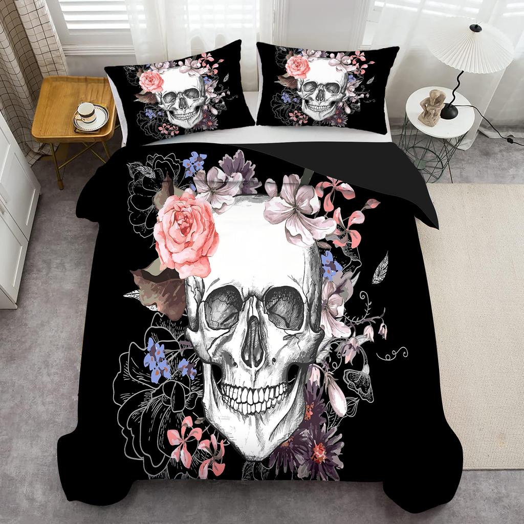 Skeleton Rose 3d Printed Duvet Cover Set Halloween Gothic Style Bedding Set Polyester Soft Comfortable Quilt Cover Pillowcases
