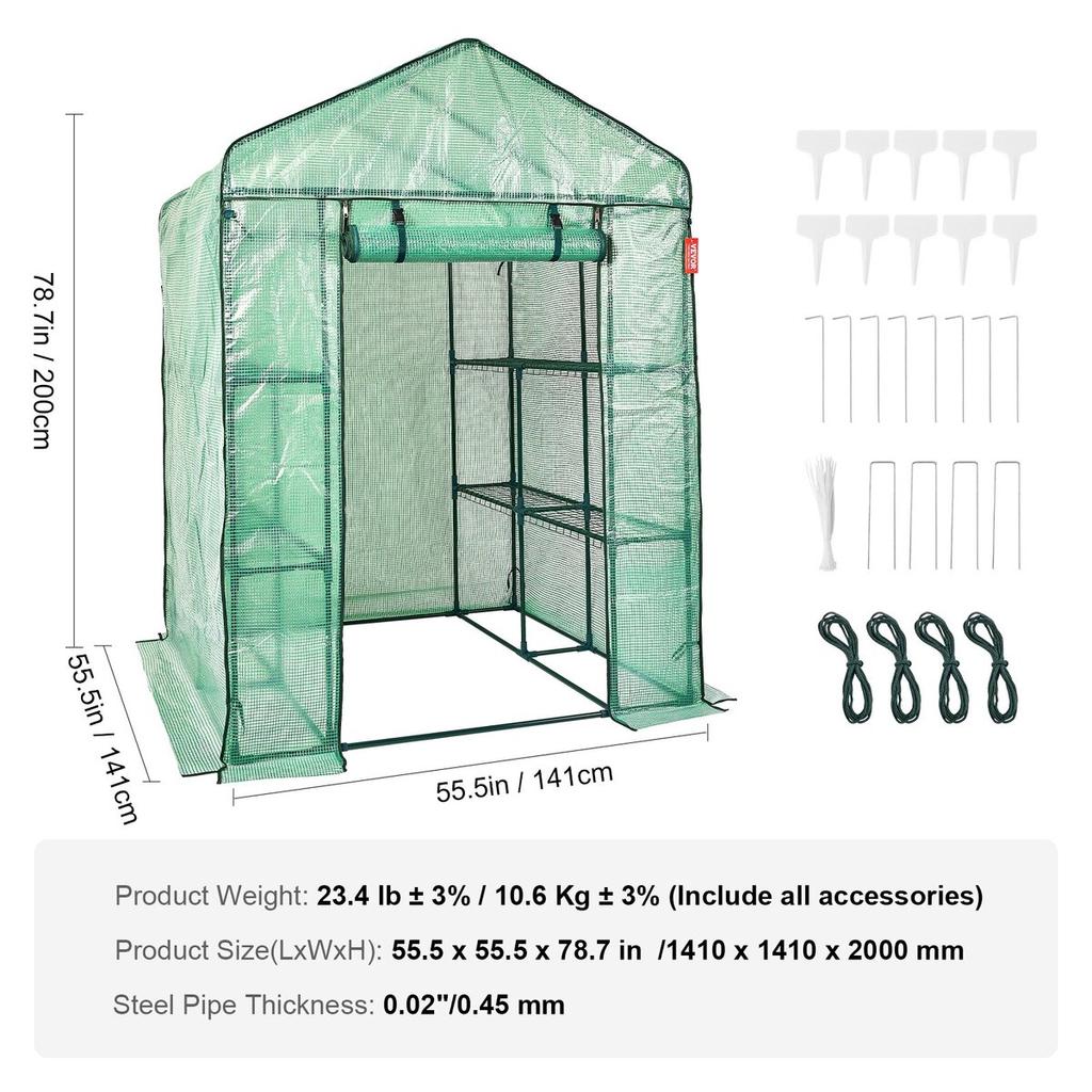 Walk-in Green House, 4.6 X 4.6 X 6.6 Ft Greenhouse with Shelves, Set Up In Minutes, High Strength PE Cover with Doors & Windows and Steel Frame,