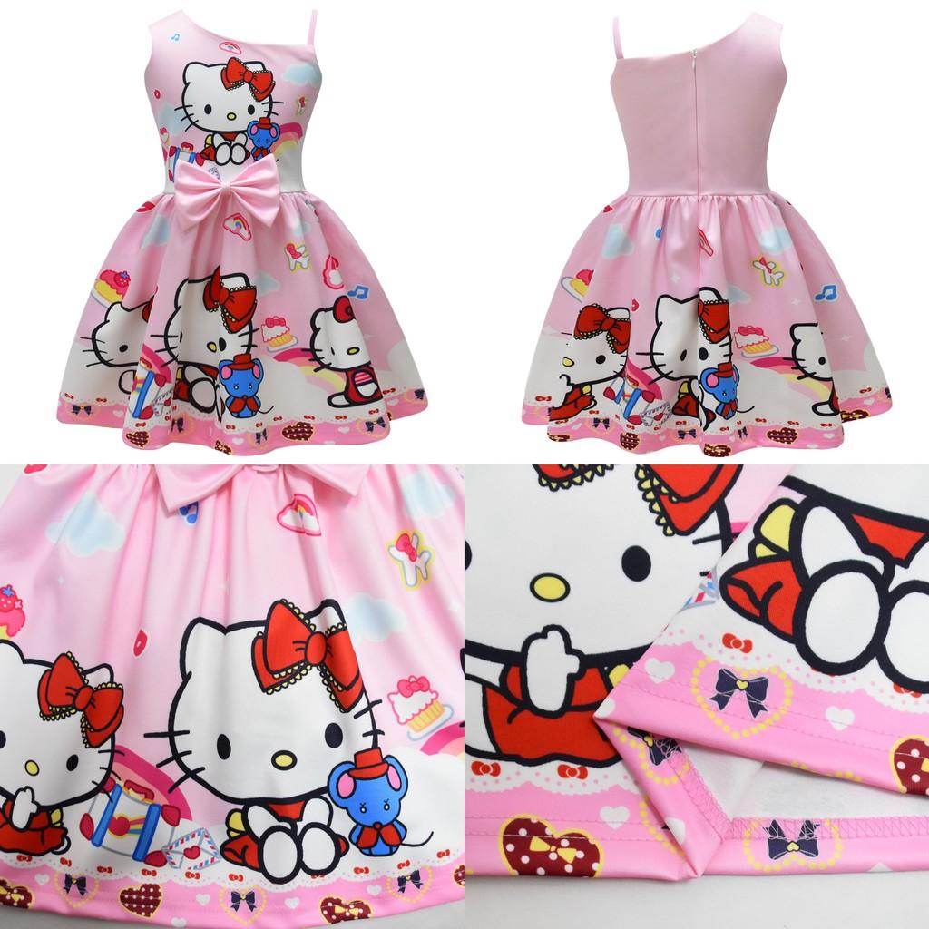 Ärmelloses Kleid mit Hello Kitty Cartoon-Print und Rüschendetails für das Frühlings-Verkleiden