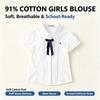 Girls Cotton Blouse Short Puff Sleeve White Shirt With Bow Kids School Uniform Top For Little Girls