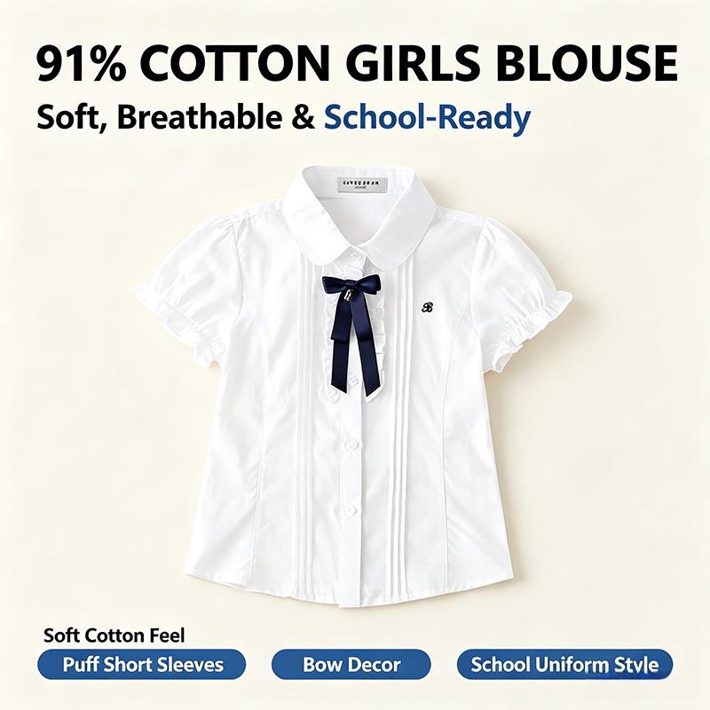 Girls Cotton Blouse Short Puff Sleeve White Shirt With Bow Kids School Uniform Top For Little Girls