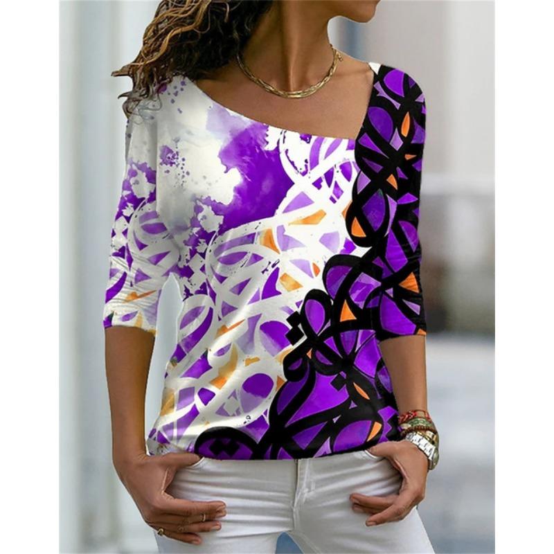 Women's T Shirt Characteristic Diagonal Neck Irregular Flower Digital 3D Print Ladies Wear Fashion Street Harajuku Ladies Tee