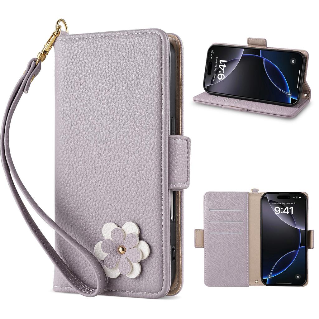 Carina custodia a portafoglio in pelle con coniglio e fiore 3D, supporto per telefono, per iPhone 17 Air 16 15 PM 14 13 12 11 Pro Max XR XS SE 16e 6 7 8 Plus, slot per schede, cover a libro