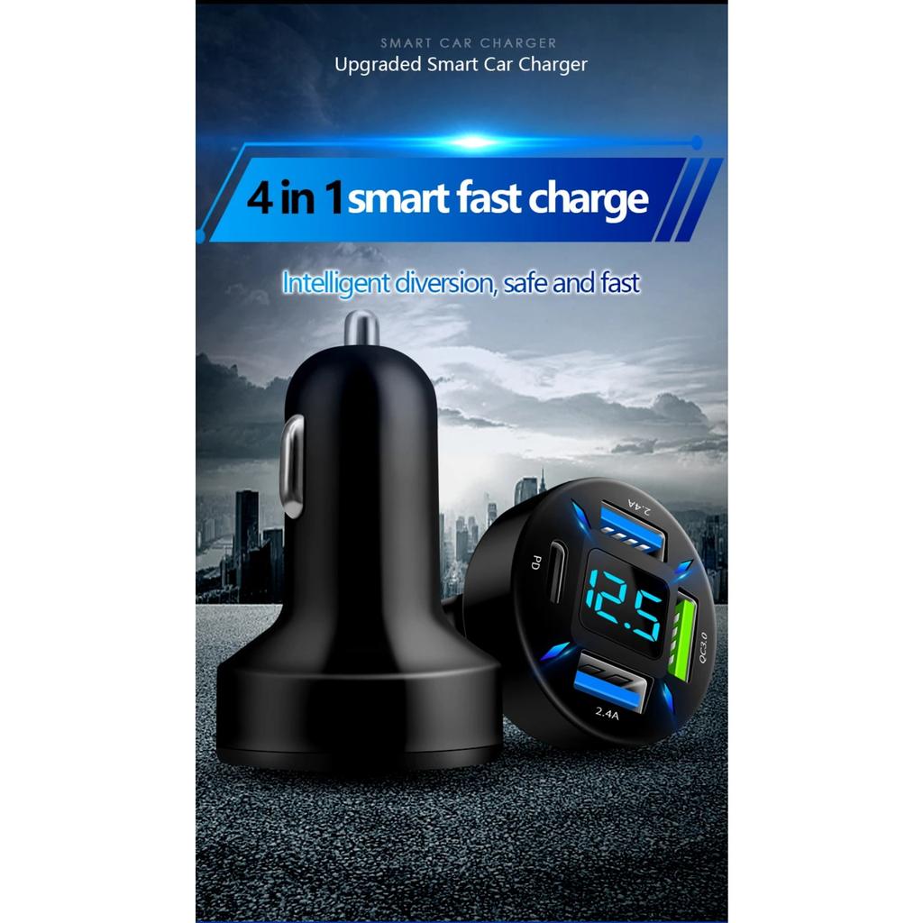 4-in-1 USB-Autoladeger Schnellladung 4,8A Adapter LED-Anzeige Telefon Tragbares Ladegerät für IPhone16 15 14 Xiaomi Samsung Huawei