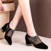 Spring New Coarse Heel Single Shoes Women's Round Head Suede Splicing Mesh Diamond Flower Side Zipper Heels
