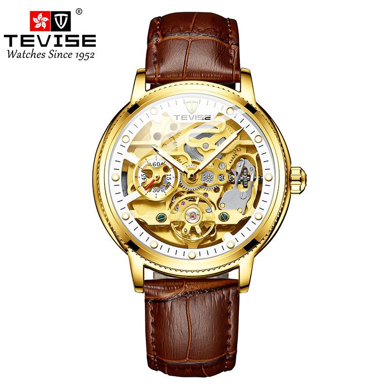 Cheap TEVISE Watch Men s Hollow Fashion Leather Men s Watch Glow in the dark Automatic Mechanical Watch Joom