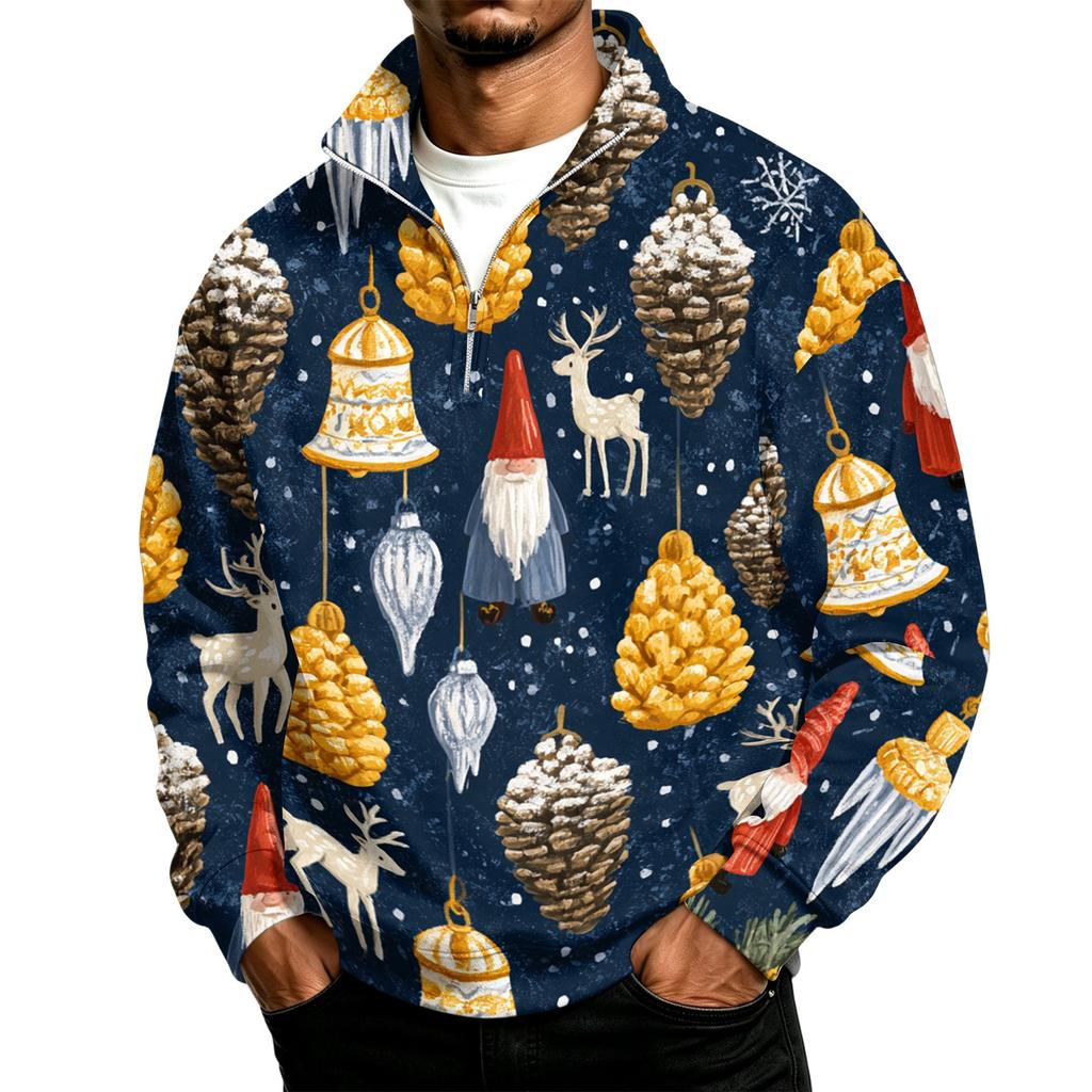 Men's Casual Long Sleeve Stand Collar Sweatshirt with Christmas Print Pullover