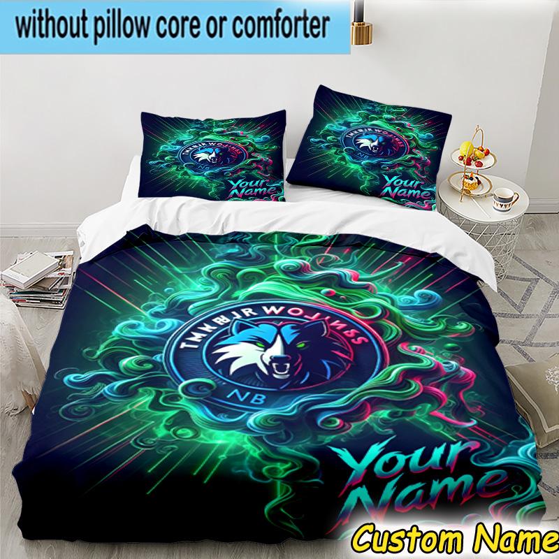 3pcs Custom Name Timberwolves Logo Bedding Set Includes 1 Duvet Cover & 2 Pillowcases for All Seasons Dormitory Home Decor Christmas gifts
