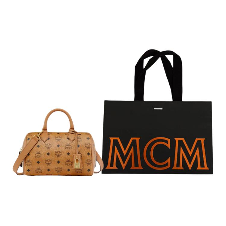 MCM Ella Monogramm Goldenes Schloss Anhänger Reißverschluss Leinwand Mit Leder Boston Tasche Crossbody Handtasche Kleine Damen Handtaschen Cognac MWBESEA02CO001