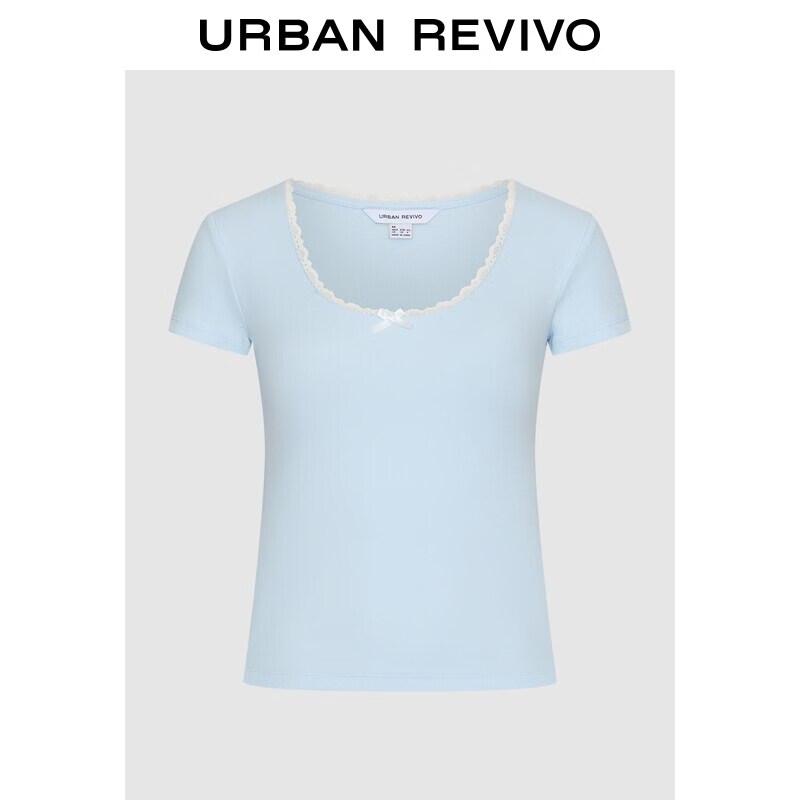 

UR2026 Women s Casual U-Neck T-Shirt with Bow Lace Trim S