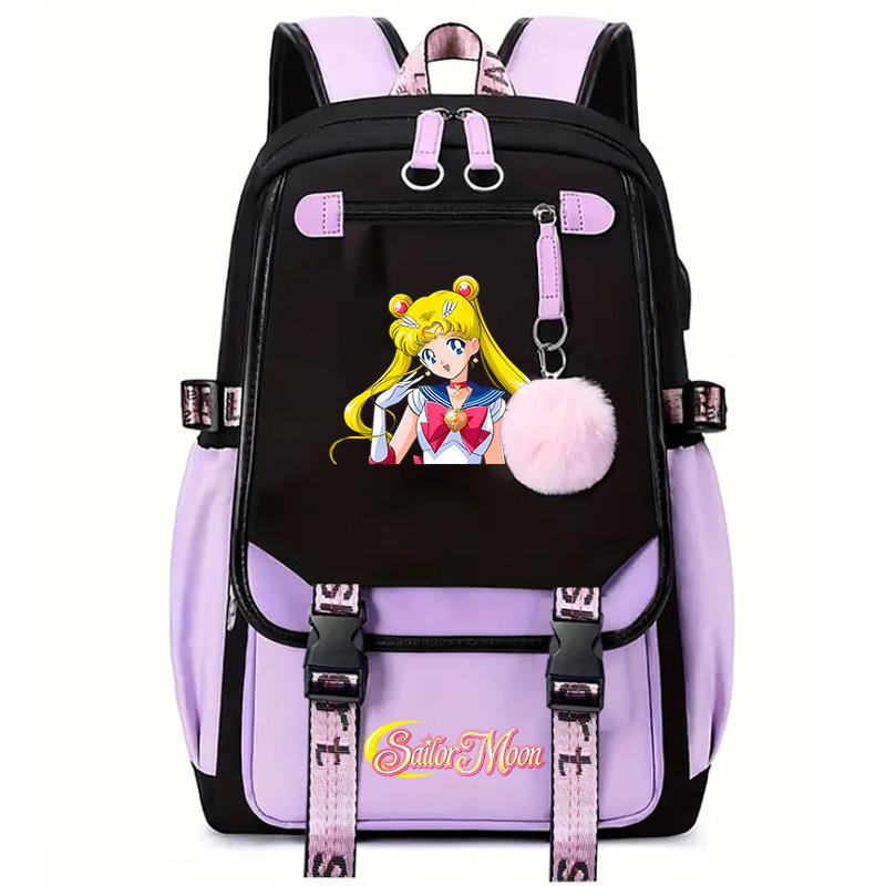 Sailor Moon Cute Anime Printed Student School Bag USB Interface Large Capacity Canvas Bag Computer Bag