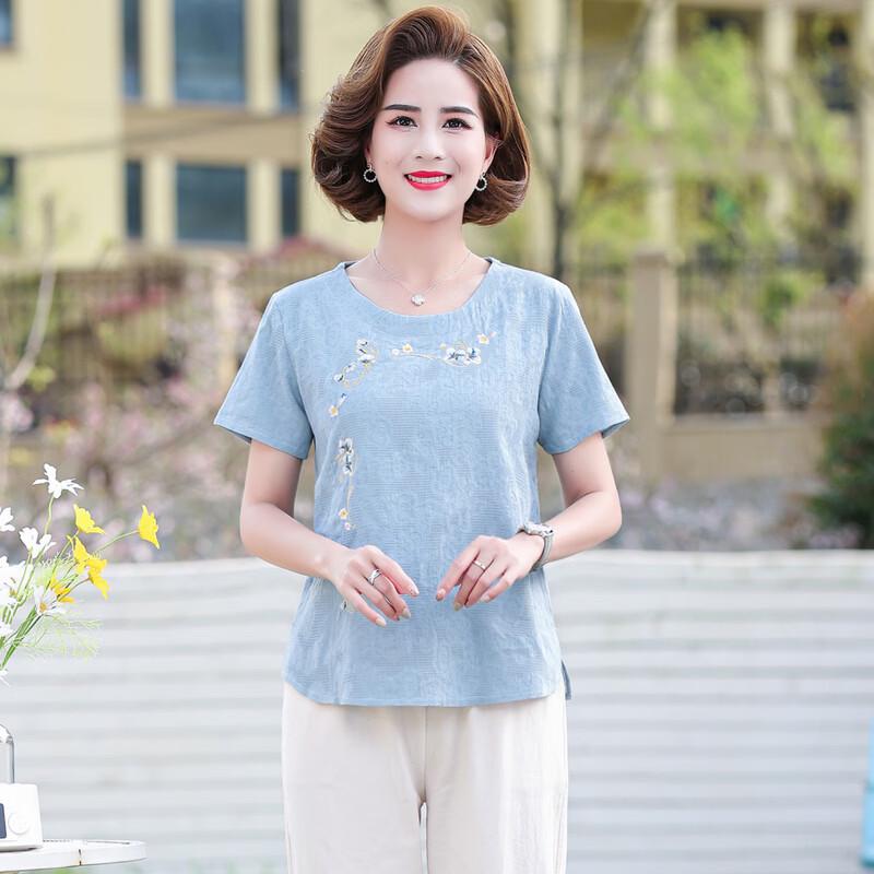 Elderly Women's Embroidered Summer Short Sleeve Top