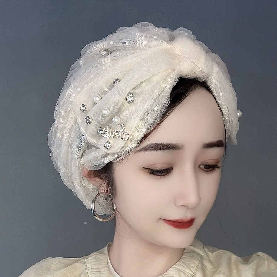 

Летняя женская весенне-летняя индийская универсальная модная тонкая шапка-саше с жемчугом и ромбом Tang Knot Baotou One size бежевый