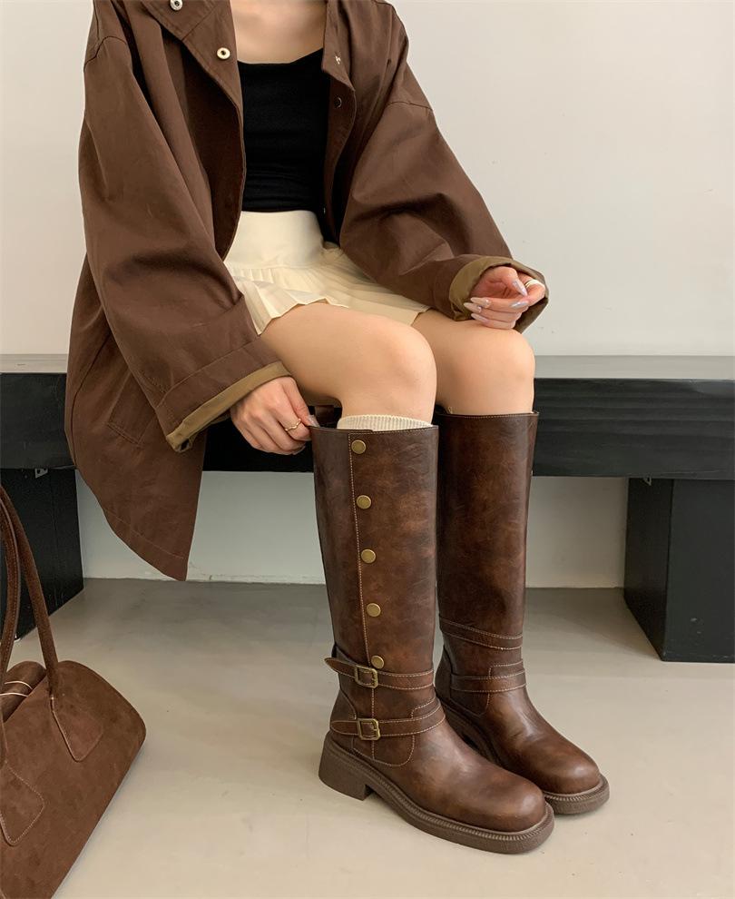 

Button folded two wear high boots women 2025 new retro knight boots but knee thick boots 40 темно-коричневого