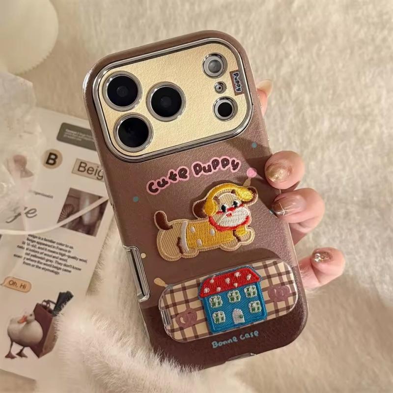 

INS вишитий чохол для телефону з цуценям для iPhone 17 16 Pro 15 Pro Max 11 12 13 14 чохол з підставкою модна захисна накладка iPhone 11 коричневий