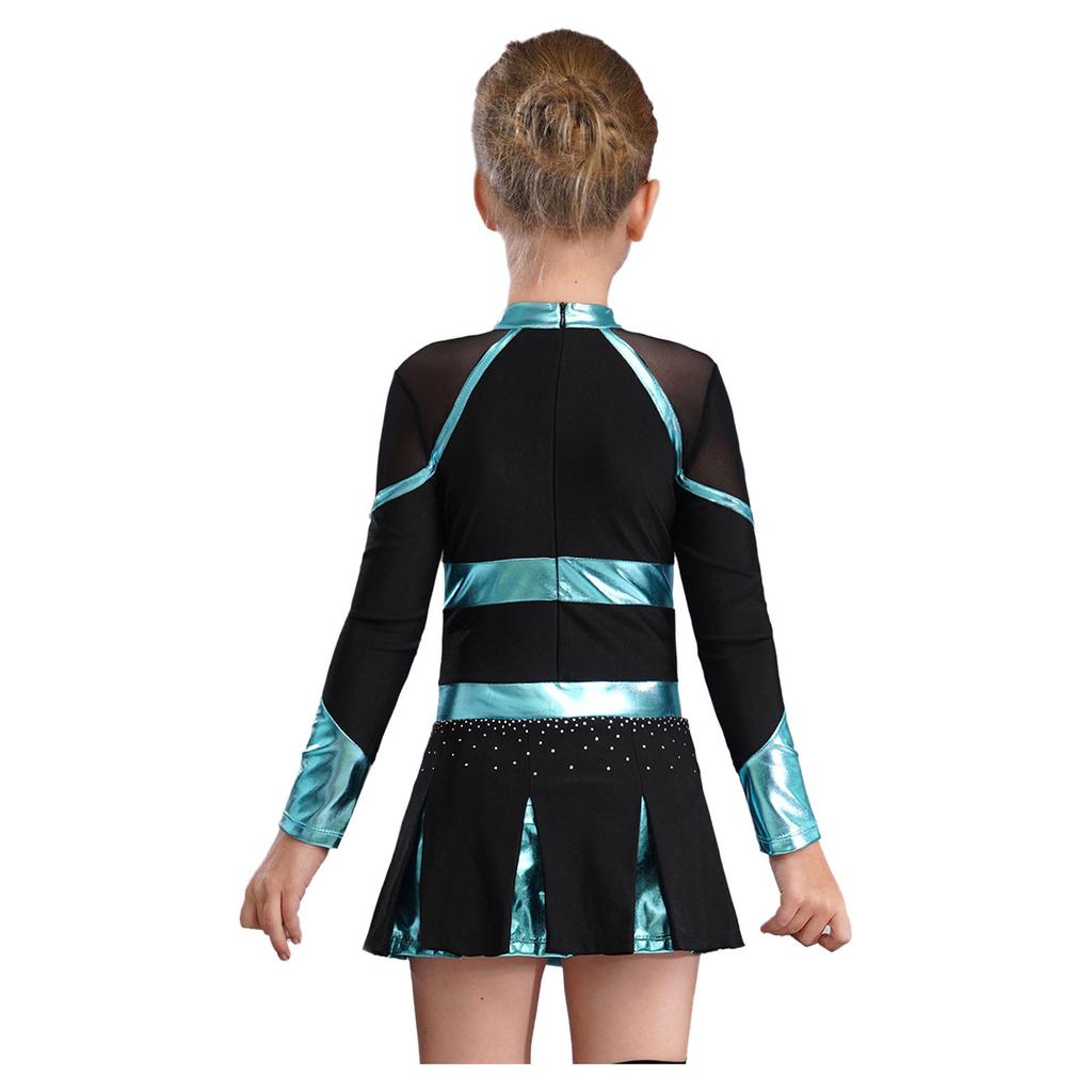 Girls Sparkly Rhinestones Letter Pattern Metallic Contrast Patchwork Long Sleeve Pleated Cheerleading Dress