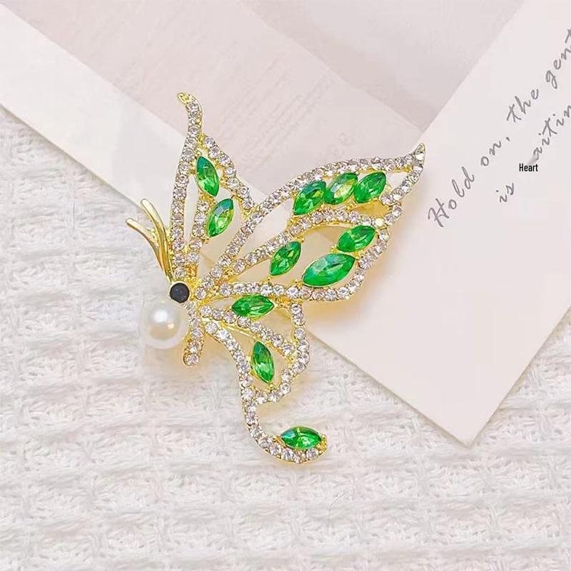 Emerald Rhinestone Butterfly Brooch Shawl Clasp - Women's Summer Anti-exposure Suit Jacket Accessory