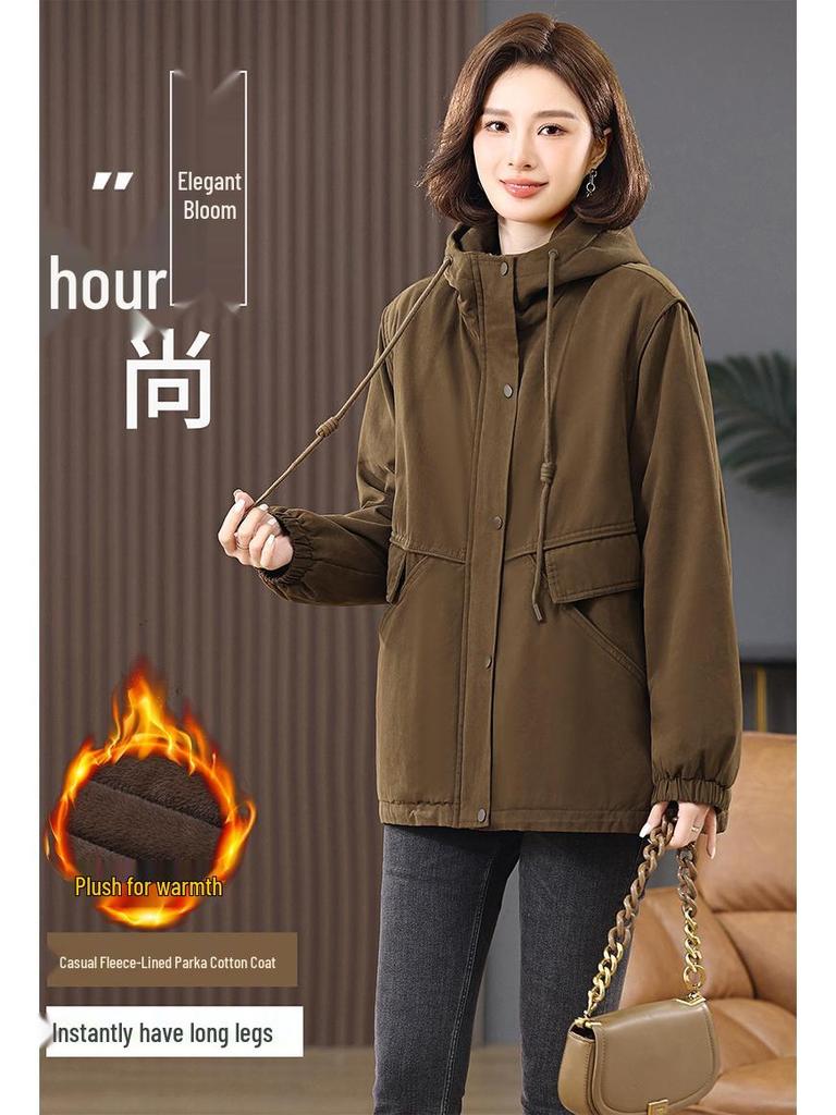 Women's 2024 Mid-Length Hooded Cotton Parka - Fleece-Lined, Solid Color, Casual Loose Fit, Winter Coat