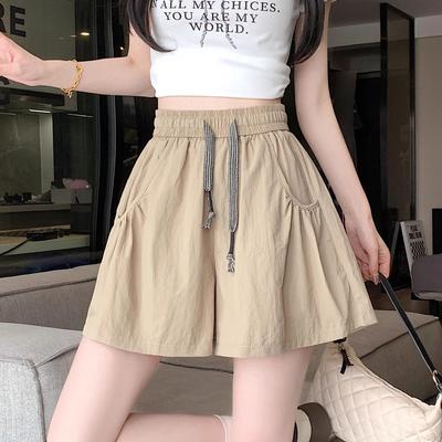 Workwear Casual Shorts Thin Summer Drawstring High Waisted Loose Wide Leg Hot Pants