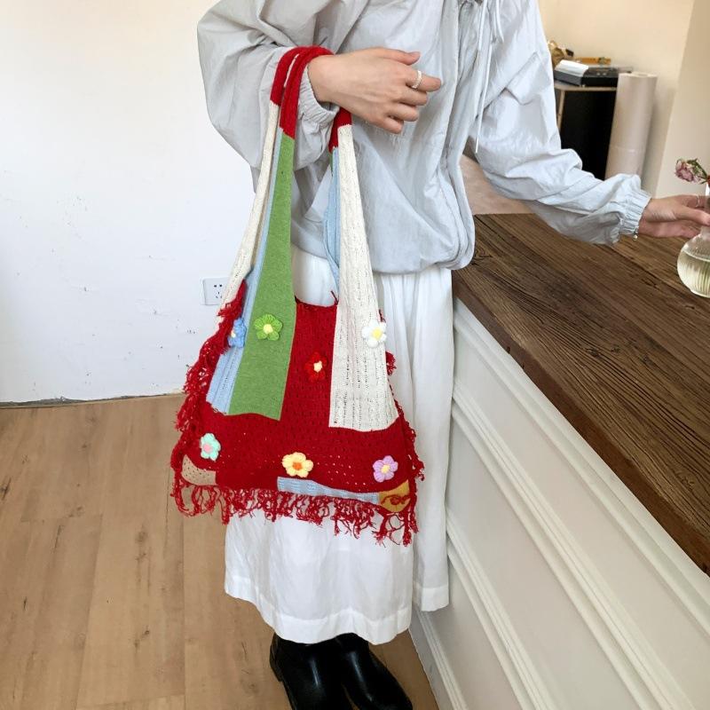 Yogodlns Forest Style Versatile Casual Shoulder Woven Bag Contrasting Colors New Simple Tote Bag Large Capacity Shopping Bag