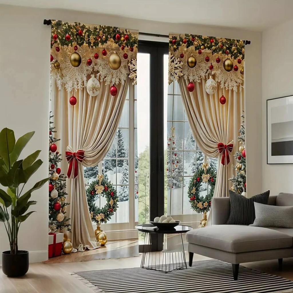 2 Pieces of Classic Twill Weave Christmas Decoration Printed Curtains   Bedroom and Living Room   Home Decoration   Room Decoration