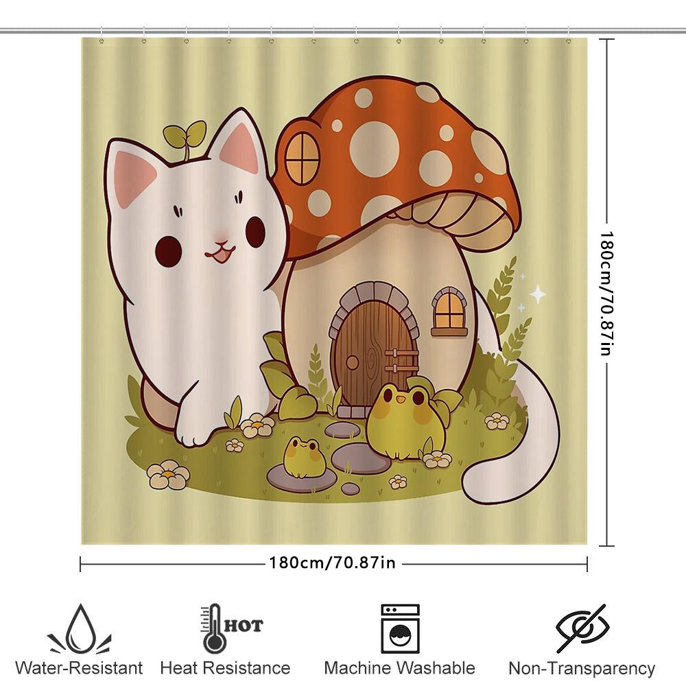 Cute Cat Mushroom Forest Cottage Shower Curtain Woodland Animal Nature Bathroom Decor Home Sweet Home Cottagecore Aesthetic