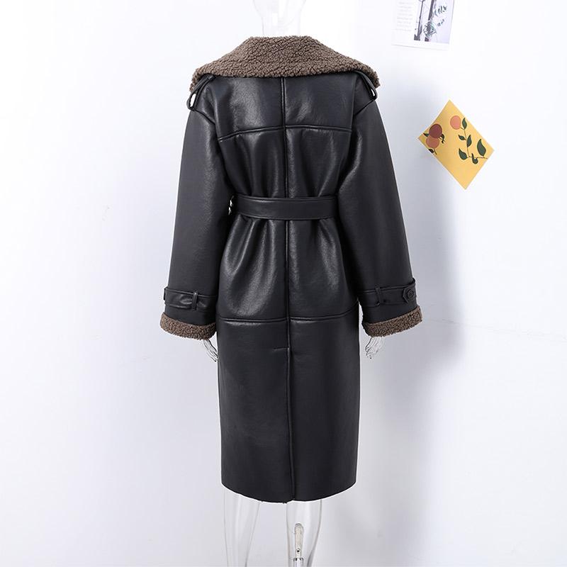 Women's Warm Thick Lapel Leather Jacket Winter Lamb Wool Long Sleeve Pocket Overcoat Single-breasted Street Trench Coats with Belt