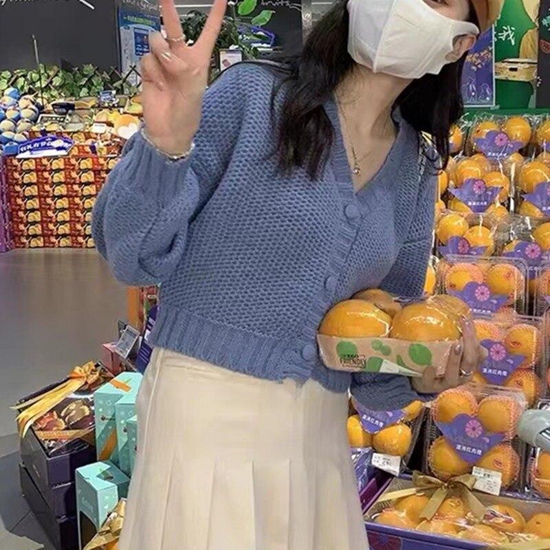 

Осенний свободный однобортный женский кардиган с длинным рукавом, вязаный свитер, пальто, женские зимние модные укороченные кардиганы 29140 One Size синий