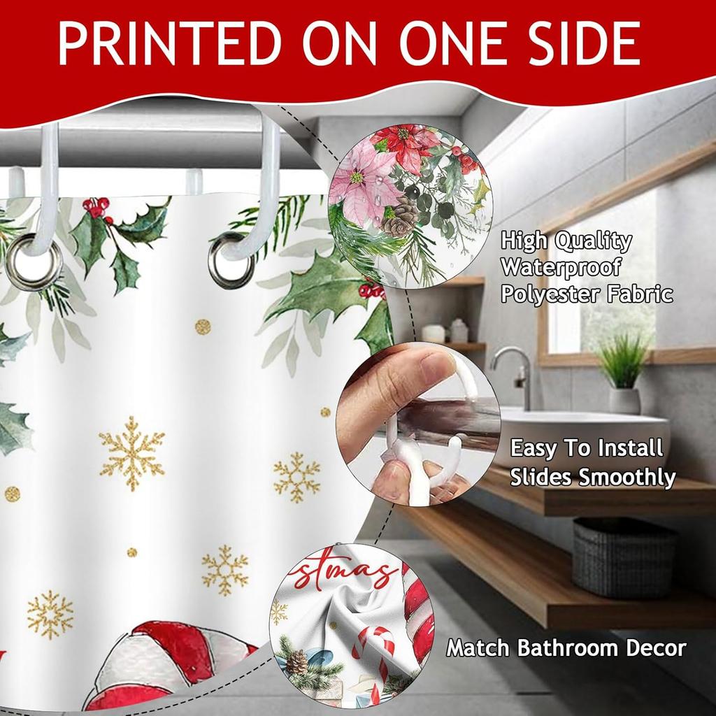 Merry Christmas Shower Curtain Xmas Floral Cute Dwarf Shower Curtain Xmas Tree Gift Pine Branches Bath Curtain Christmas Decor