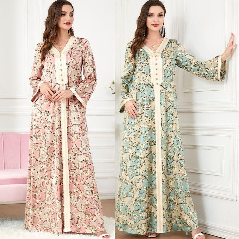 Middle East Indonesia Southeast Asia Robe V Neck Ribbon Print Women's Spring Summer Autumn Robe Long Sleeves Dress Dresses