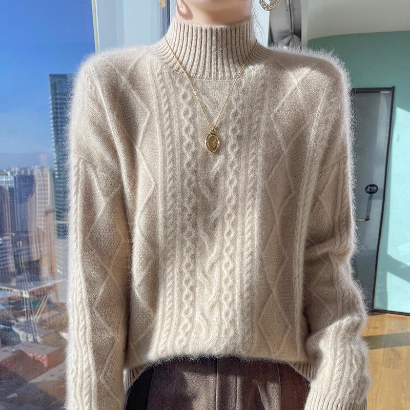Thick Wool Cable Knit Cardigan: Retro High-Neck Sweater, Warm Winter Base Layer