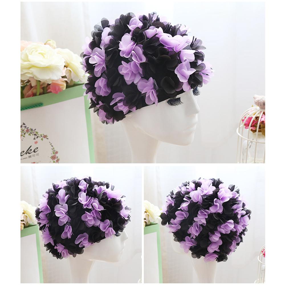 Damen 3D Blumen Design Badekappe Wasserdicht Elastisch Weich Bade Duschhaube für Damen Tauchen Schwimmen Strandkappe Badezimmerzubehör
