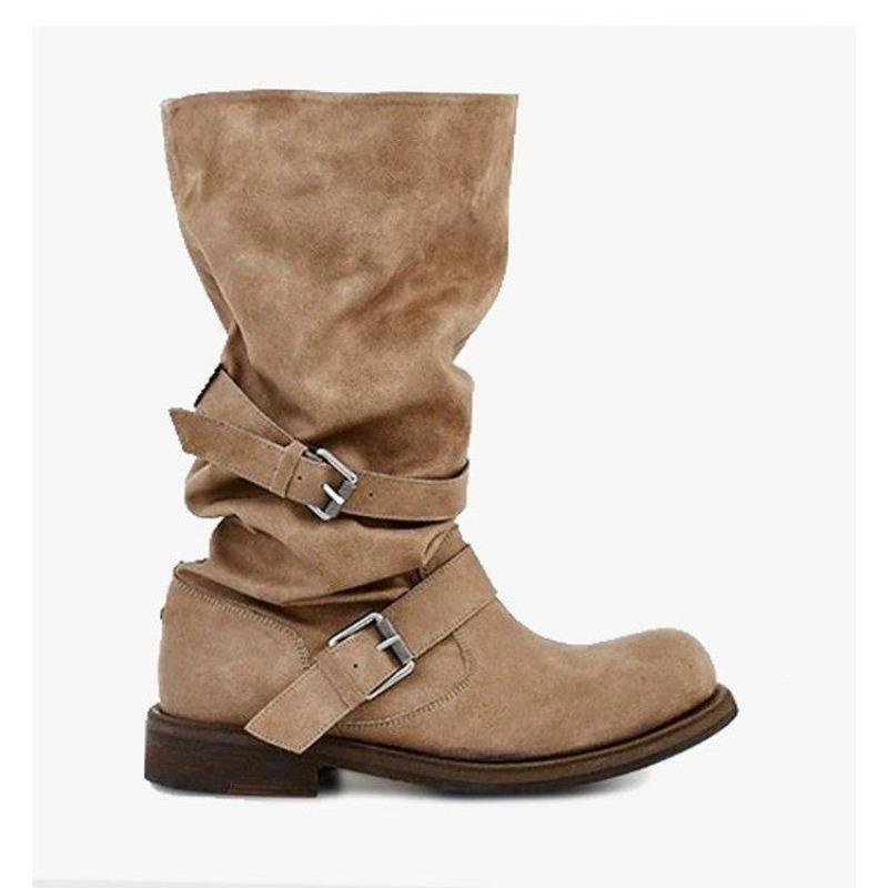 Mid-Tube Boots Fashion New Round Toe Sleeve Metal Buckle Pleated Anti-Slip Wear-Resistant Single Boots