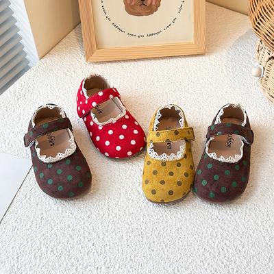 Girls Flat Shoes Round Toes Sweet Lace Kids Leather Shoes Polka Dots 2025 Spring Autumn New Children Dance Shoes Soft Sole Cute