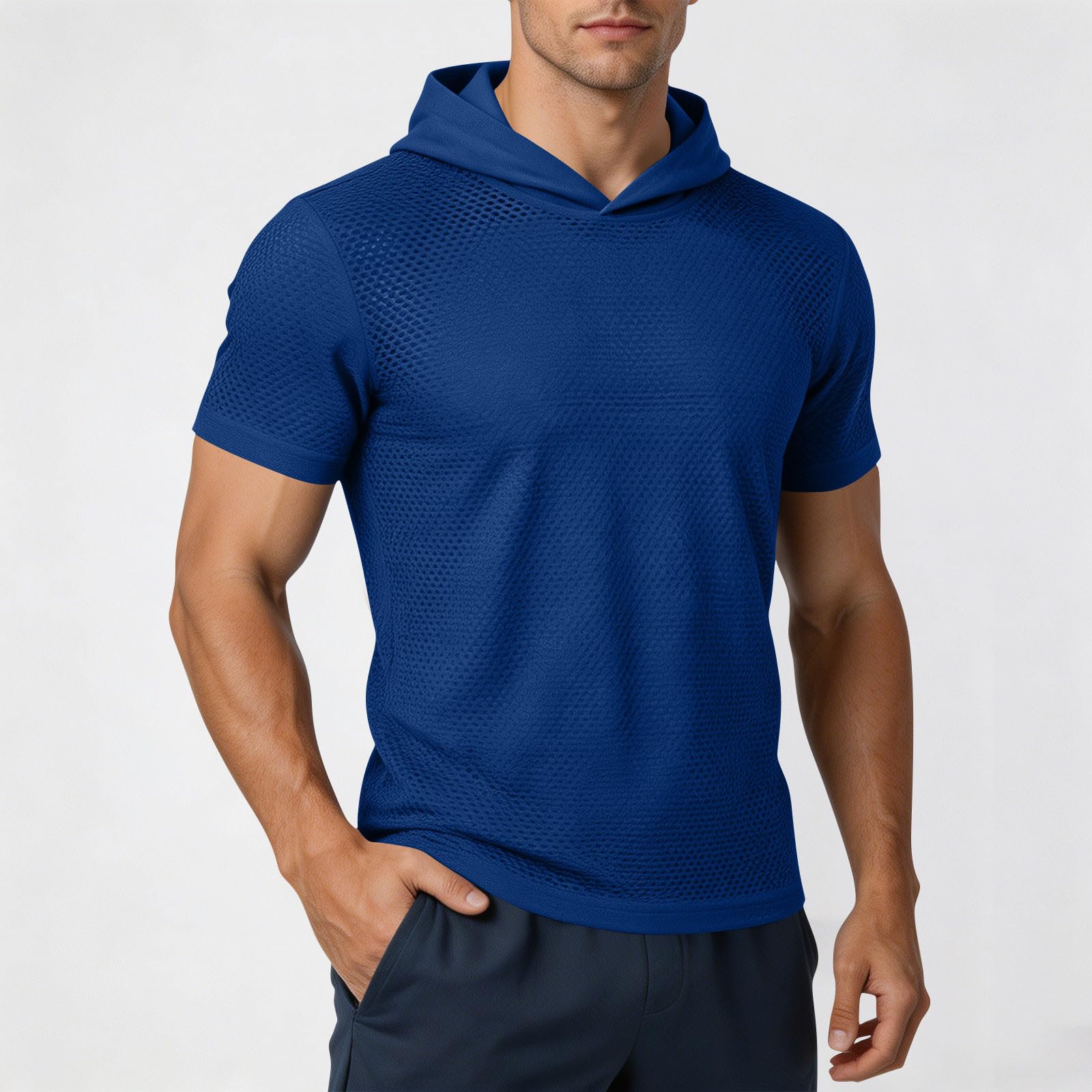 

Men s Fashion Solid Color Short Sleeve Hoodie Lightweight Breathable Mesh Fabric Casual Athletic Fitness T-Shirt Top L Темно-синій