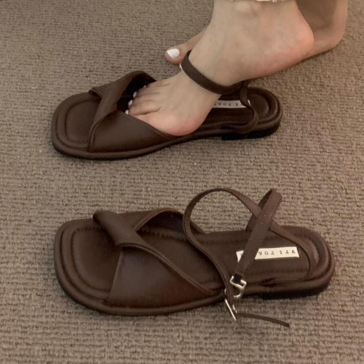 

Fashion Square Toe Flat Sandals Women Slippers Casual Shoes Woman 2025 Trend Summer Dress Beach Comfort Shoes Flip Flops Slides Mujer 40 коричневый