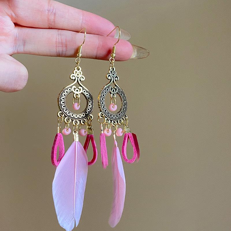 Retro Ethnic Feather Tassel Earrings - S925 Silver Needle
