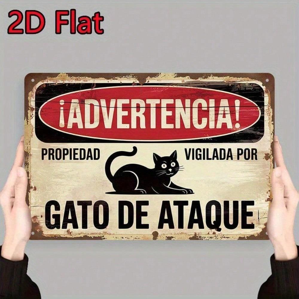 Vintage Spanish Warning Attack Cat Metal Sign, Funny Beware Violent Cat Plaque, Rustic Iron Wall Art for Office Cafe