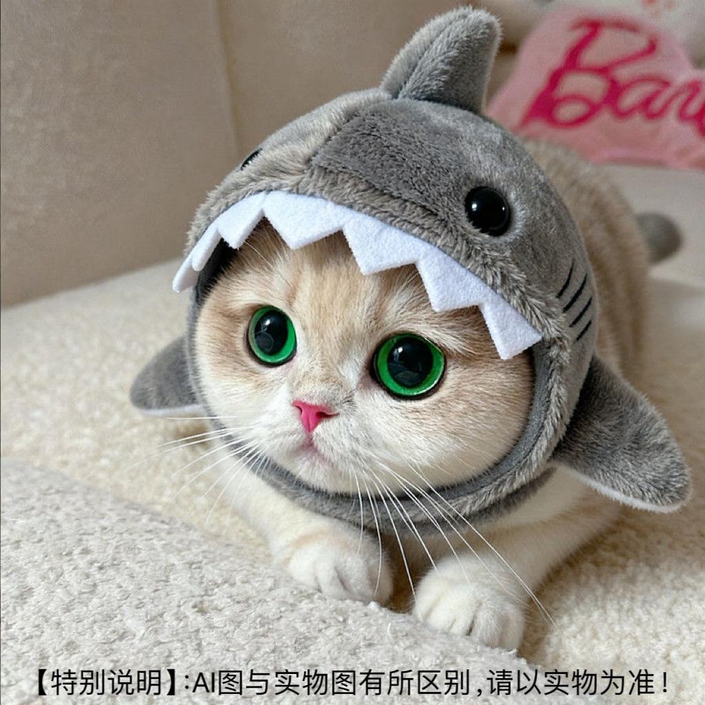 Spot GoodsLittle Red Book Same Style Pet Cat Shark Head Hat Winter Warm Plush Kitten Hat Headwear