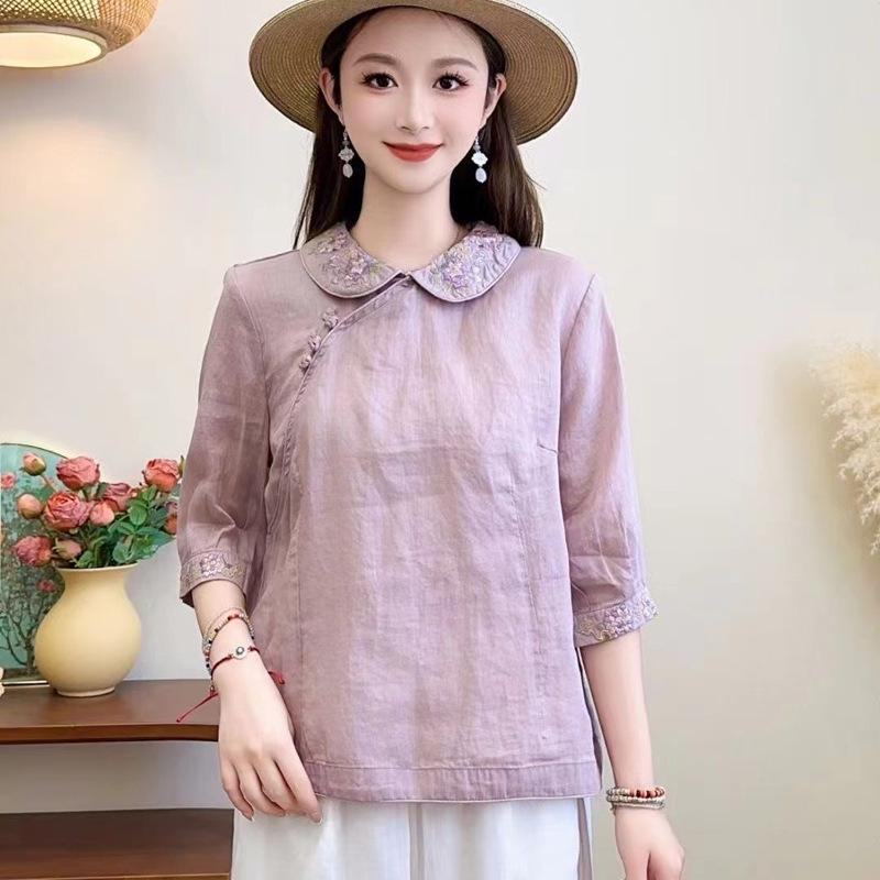 Women's Summer 2024 Chinese Retro Embroidered Cotton Linen Shirt