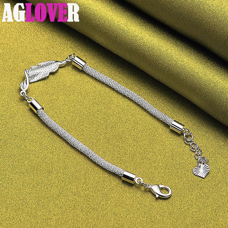 925 Sterling Silver Net Snake Heart Chain Bracelet Jewelry