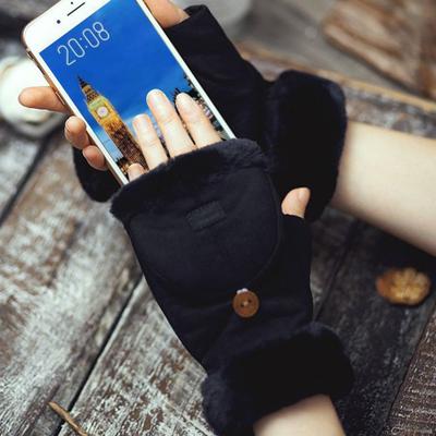 Women Winter Suede Gloves Thickened Convertible Fingerless Mittens Fleece-lined Warm Gloves with Fluffy Cuffs