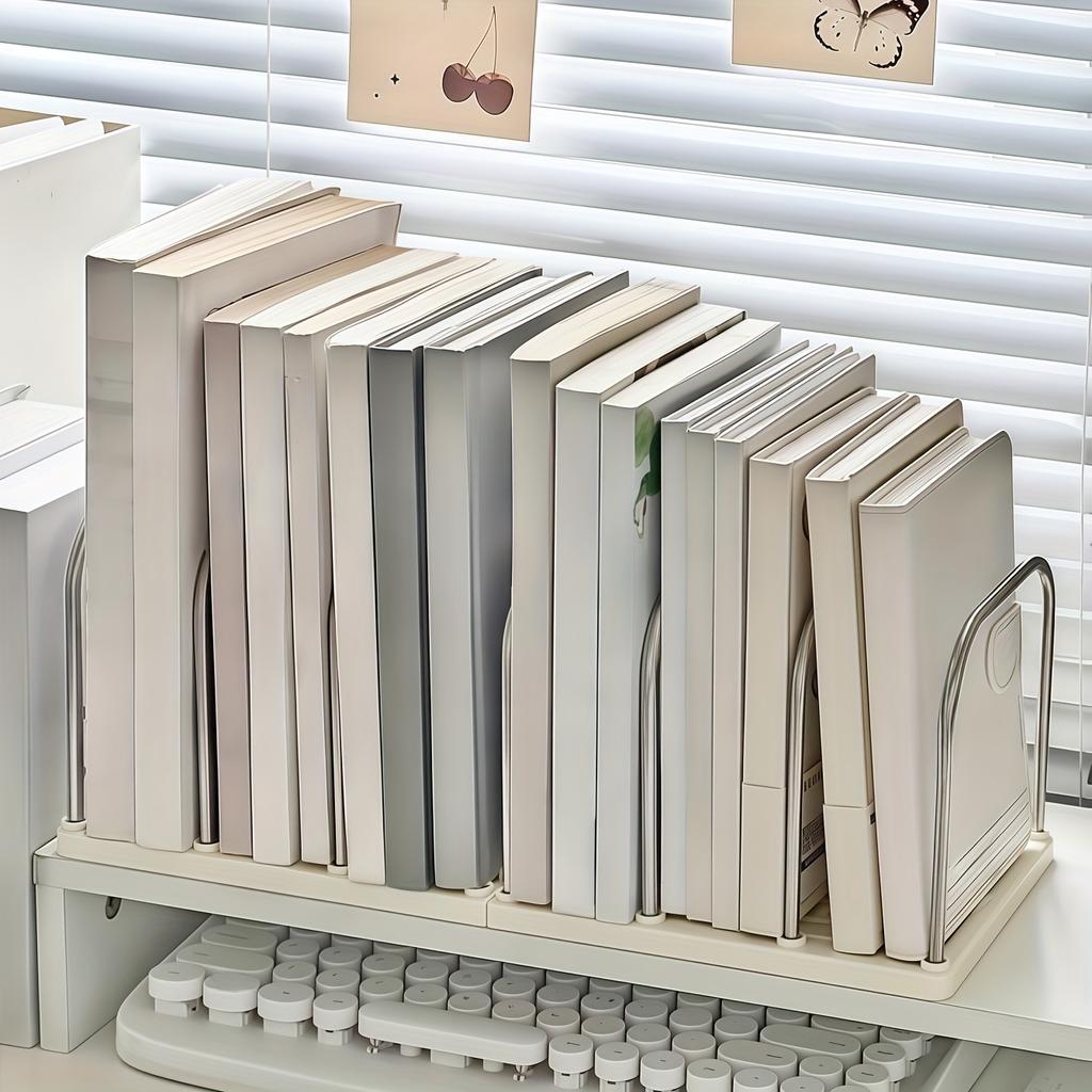 1PC Stainless Steel + PP Desktop Bookshelf, Non-slip Base with Adjustable Partition Vertical Small Bookstand