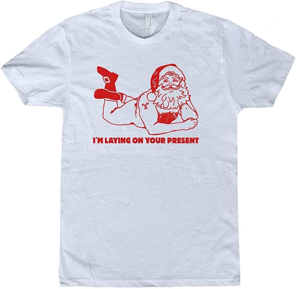 Funny Christmas T Shirt Santa Claus I m Laying On Your Present Naughty Tee L белый