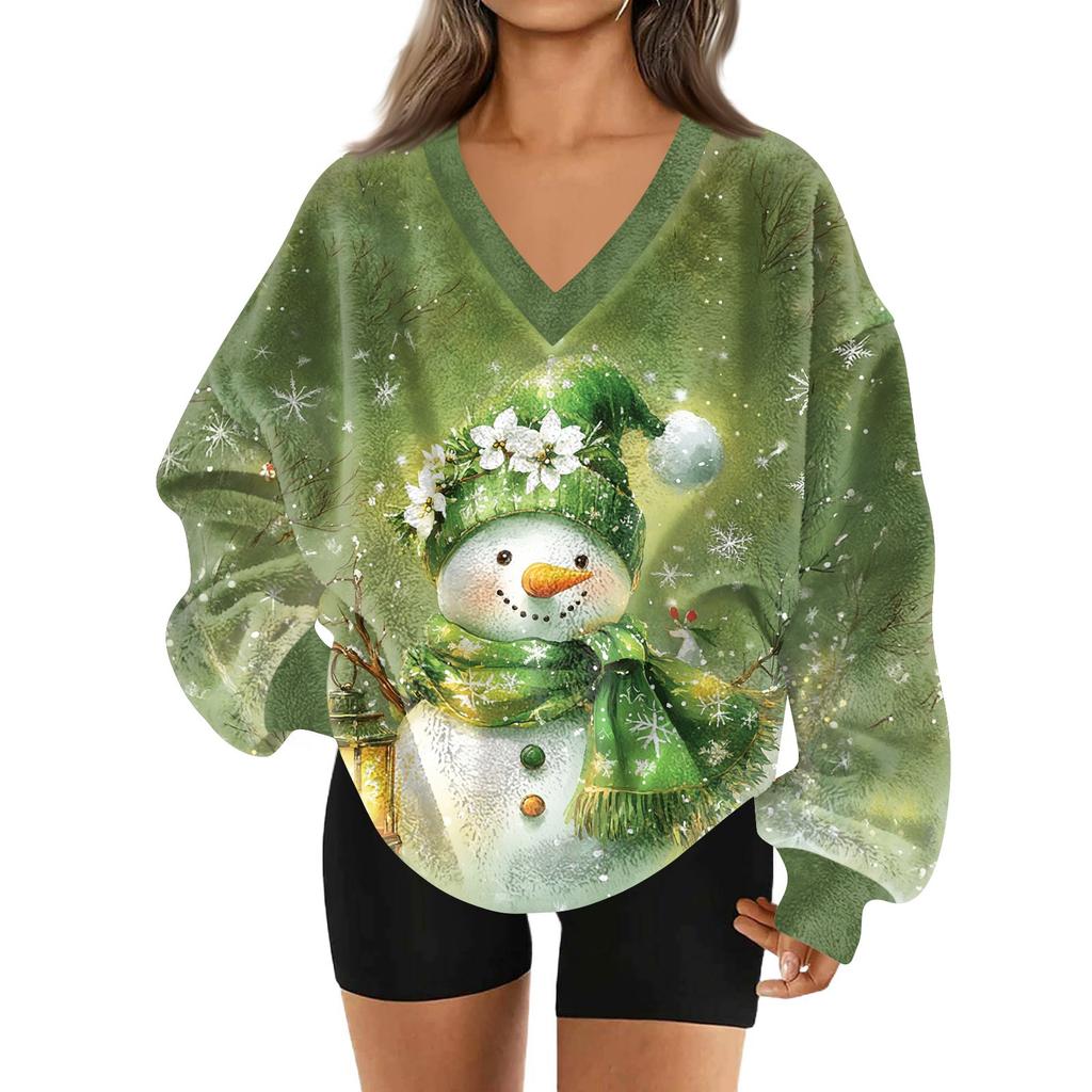 Women's Fashionable V-neck Christmas Printed Long Sleeved Casual Pullover Plush Warm Sweatshirt Top