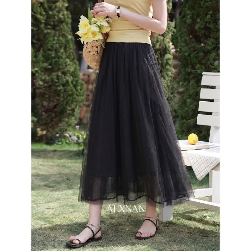 Lu Xiangnan French Style Black Tulle A-Line Midi Skirt L чёрный