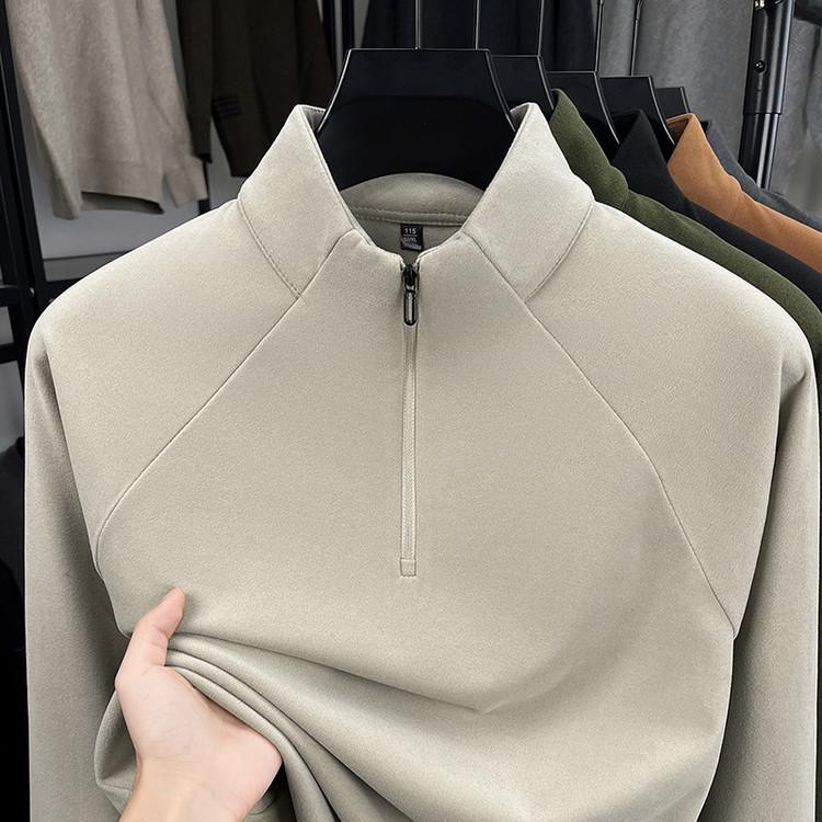 Men's Heavyweight Fleece-Lined Hoodie with Stand Collar, Half-Zip, and Thick Fabric; Solid Color Autumn/Winter Style.